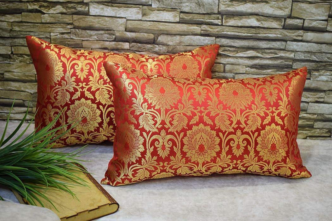 Royal DecoFurnishing Brocade Silk Mughal Classic design with Floral effect  Rectangular Cushion Covers (Red & Golden) - Royal Deco Furnishing