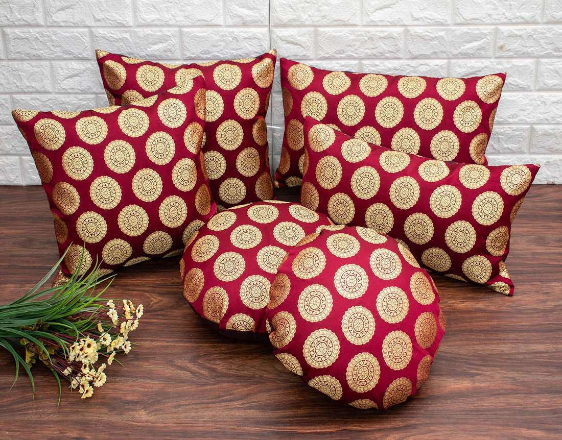Mandala Brocade Silk Round Cushion Covers (Maroon &amp; Golden) - Royal Deco  Furnishing